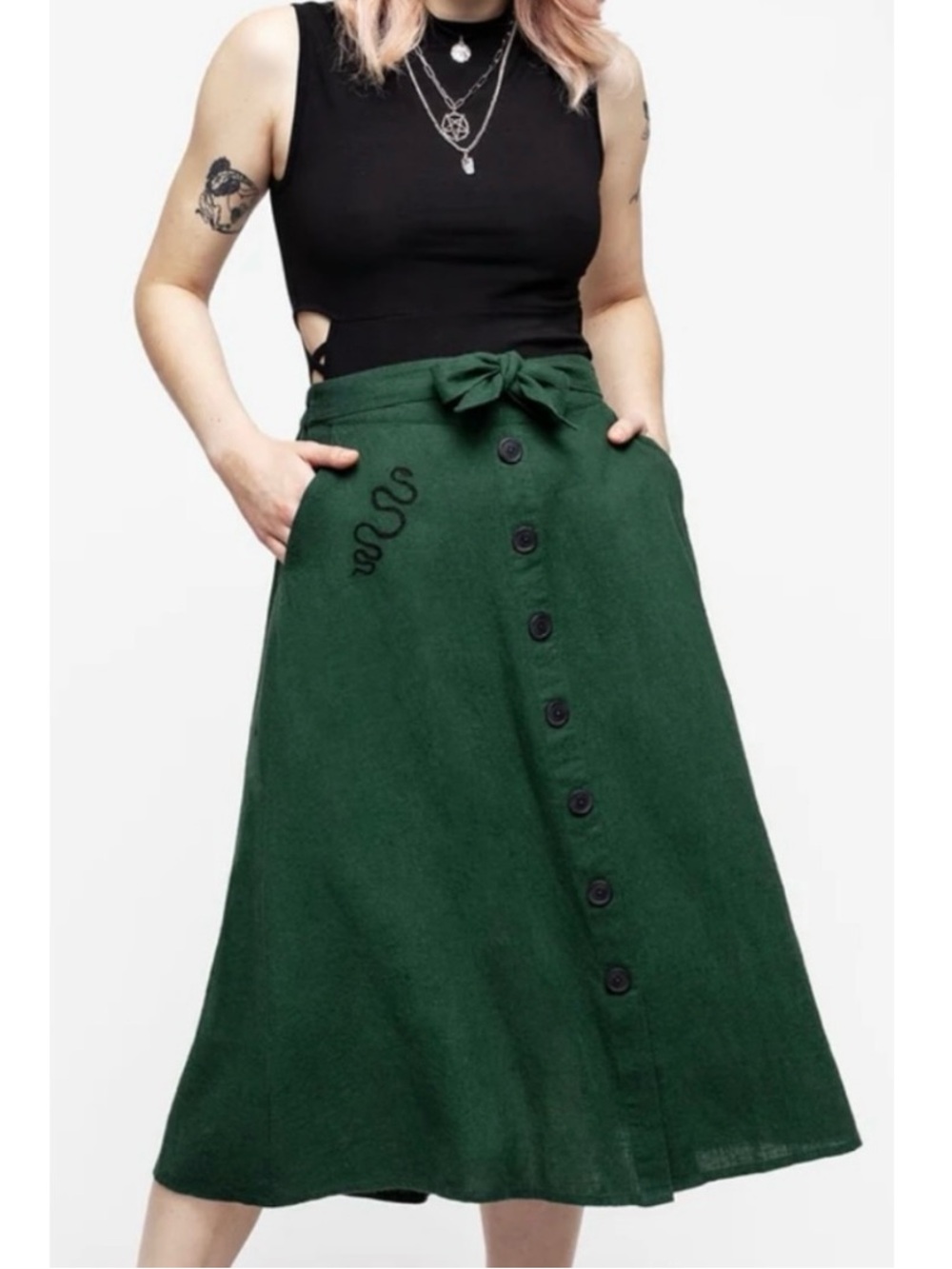 Disturbia Baslisk Linen Button Up Midi Skirt 12